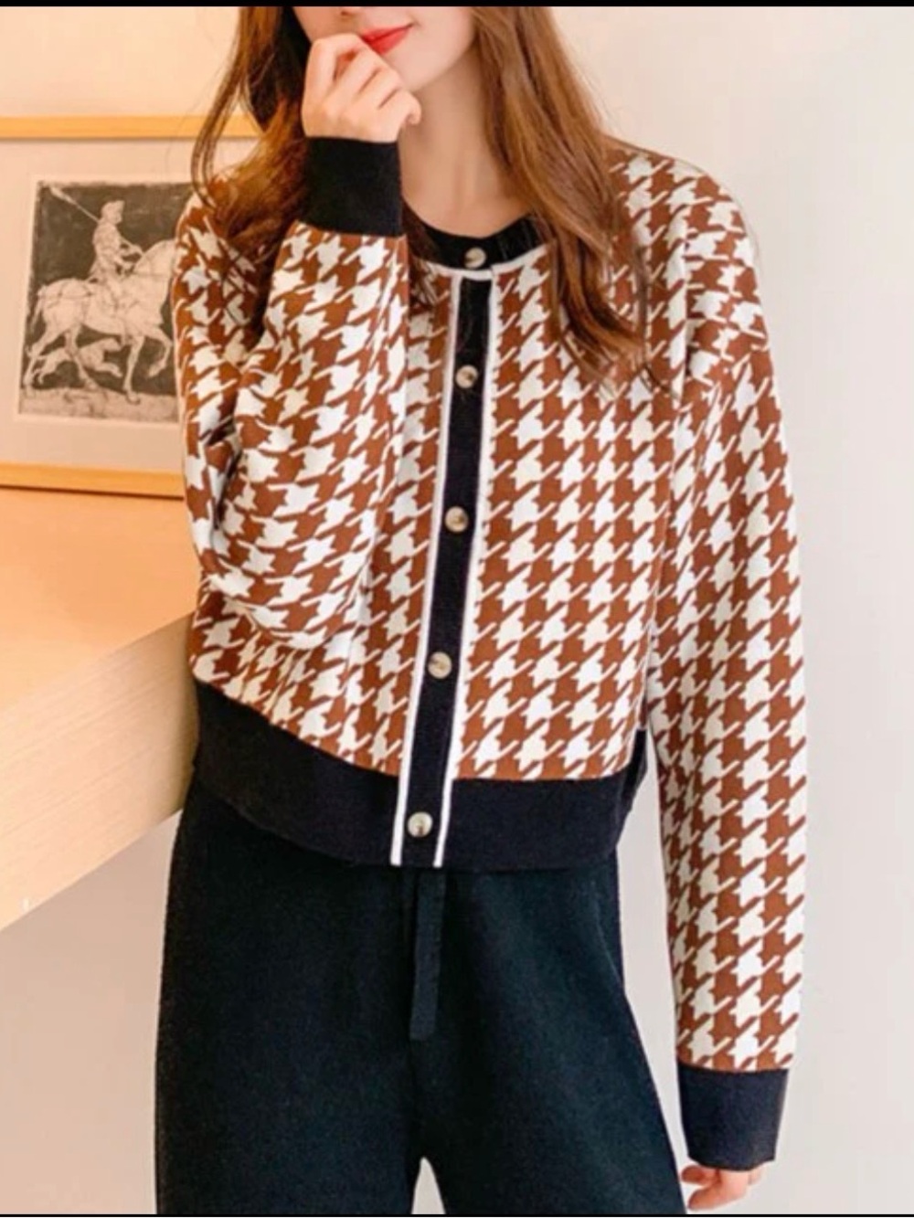 Brown and White Houndstooth Women’s Sweater Cardigan